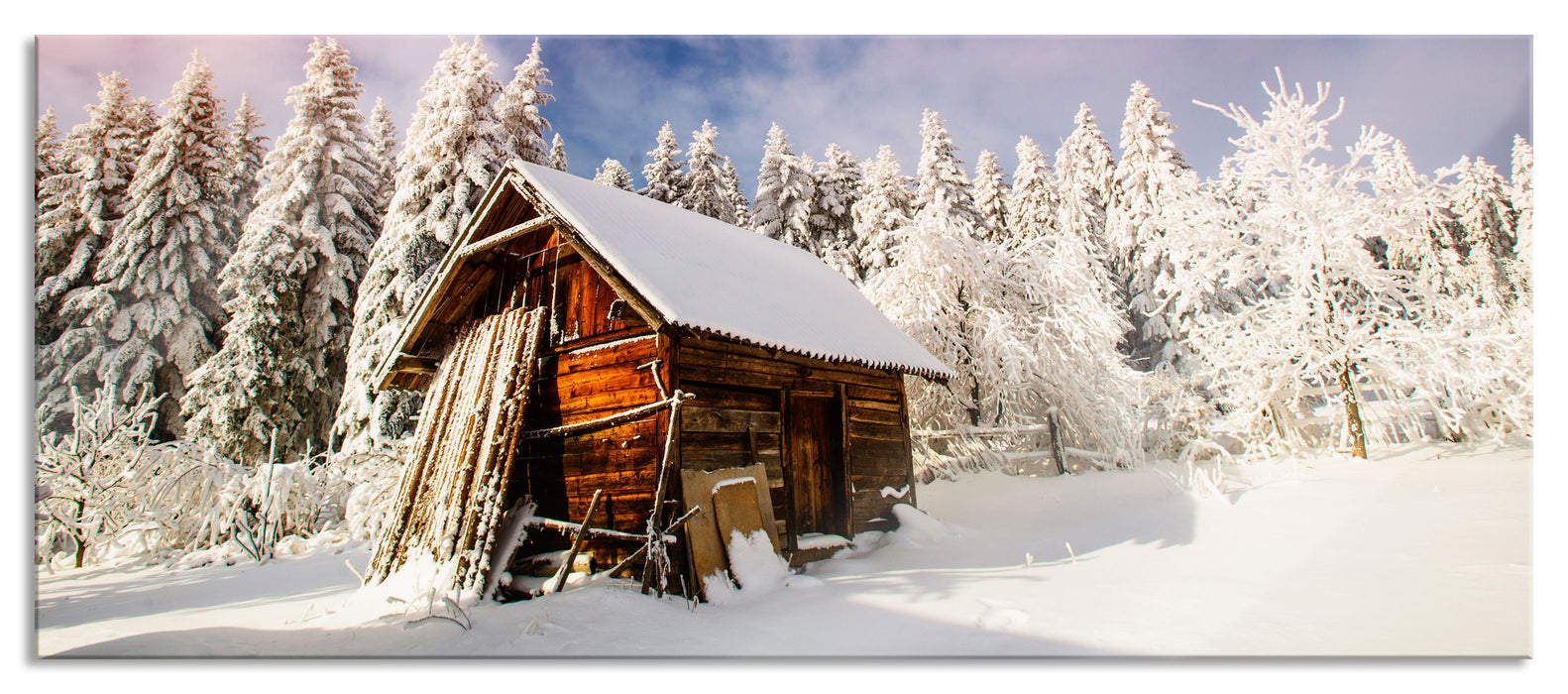 Pixxprint Holzhütte im Schnee, Glasbild Panorama