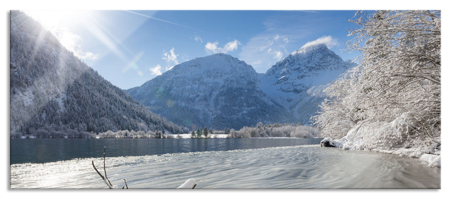 Winterlandschaft See, Glasbild Panorama