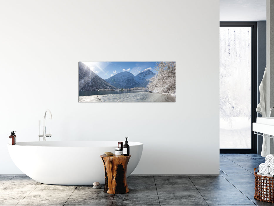 Winterlandschaft See, Glasbild Panorama