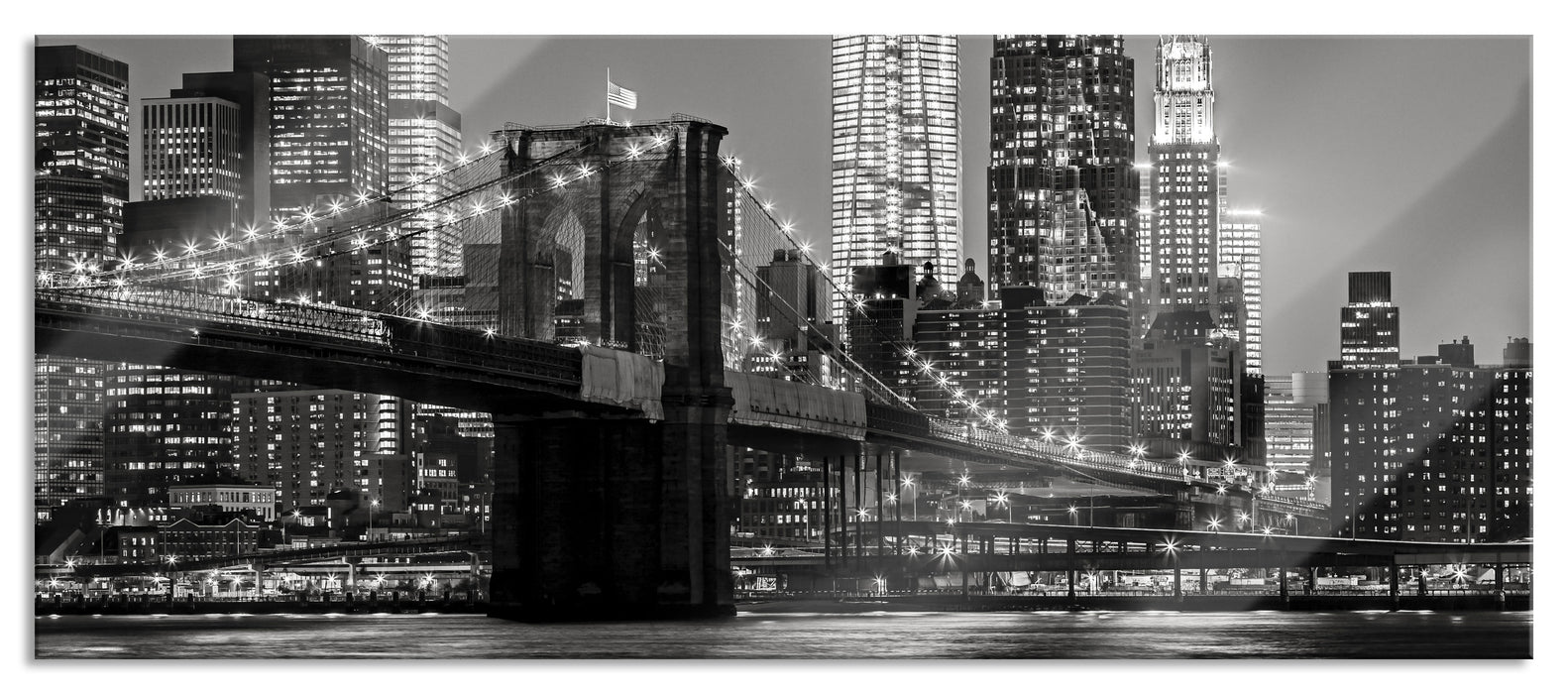 Pixxprint New York City Skyline bei Nacht, Glasbild Panorama
