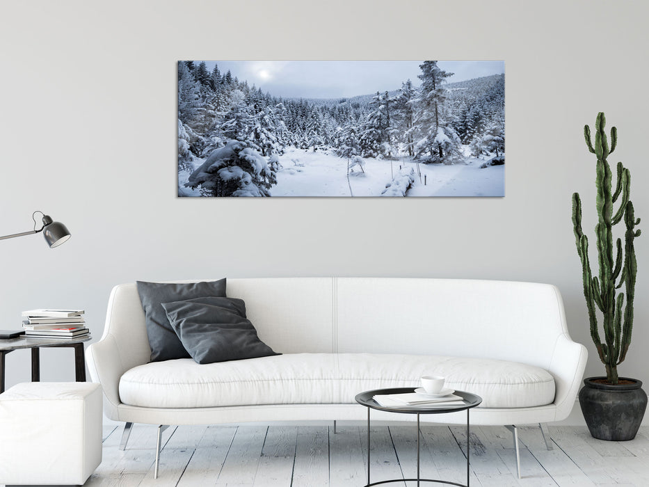 Winterlandschaft vereister See, Glasbild Panorama