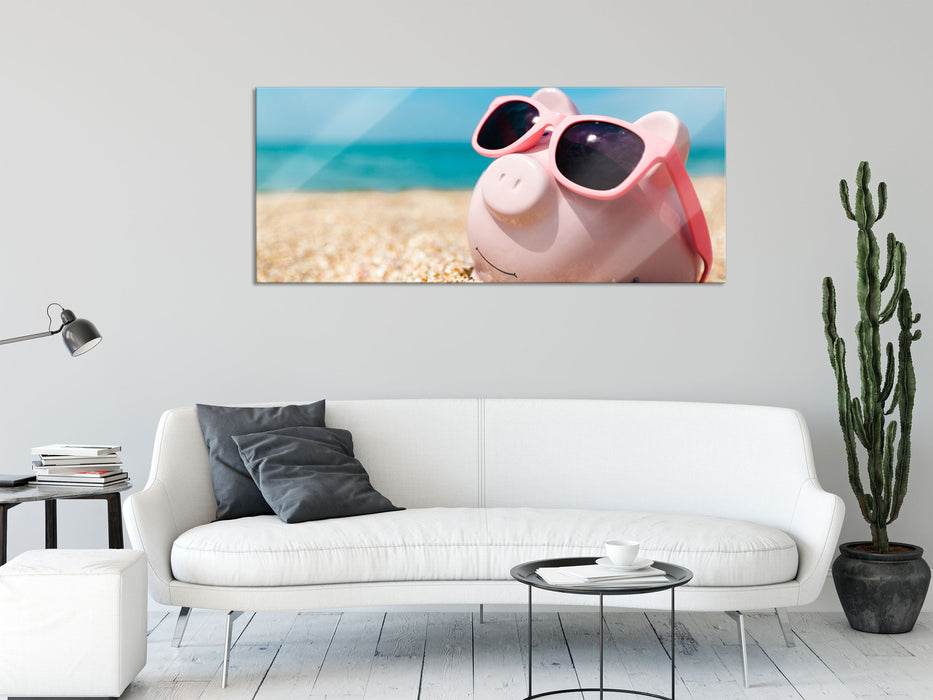 Schweinchen am Strand, Glasbild Panorama