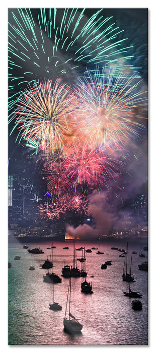 Pixxprint Boot auf See Feuerwerk, Glasbild Panorama