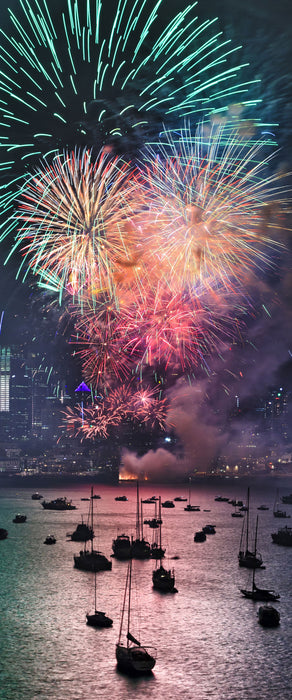 Boot auf See Feuerwerk, Glasbild Panorama