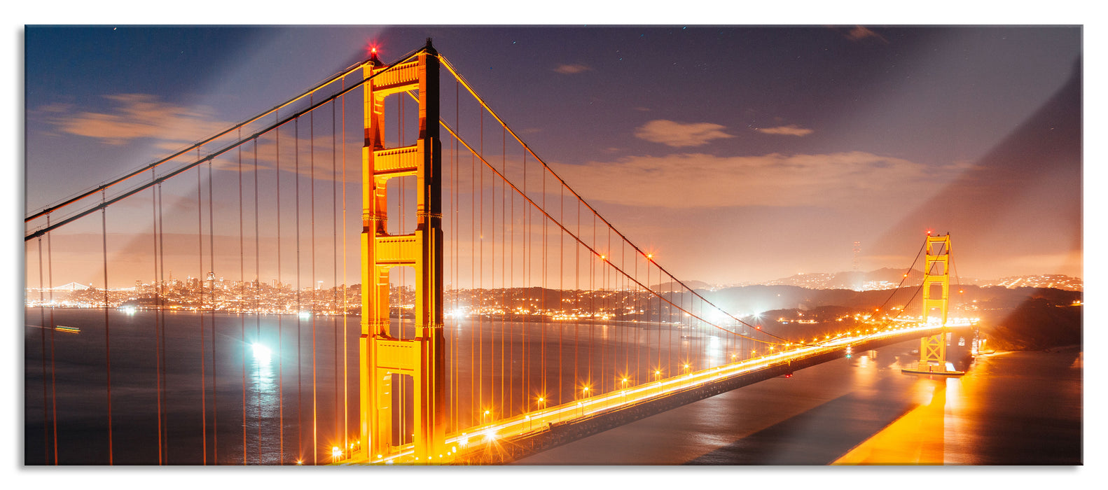 Golden Gate Bridge bei Nacht, Glasbild Panorama