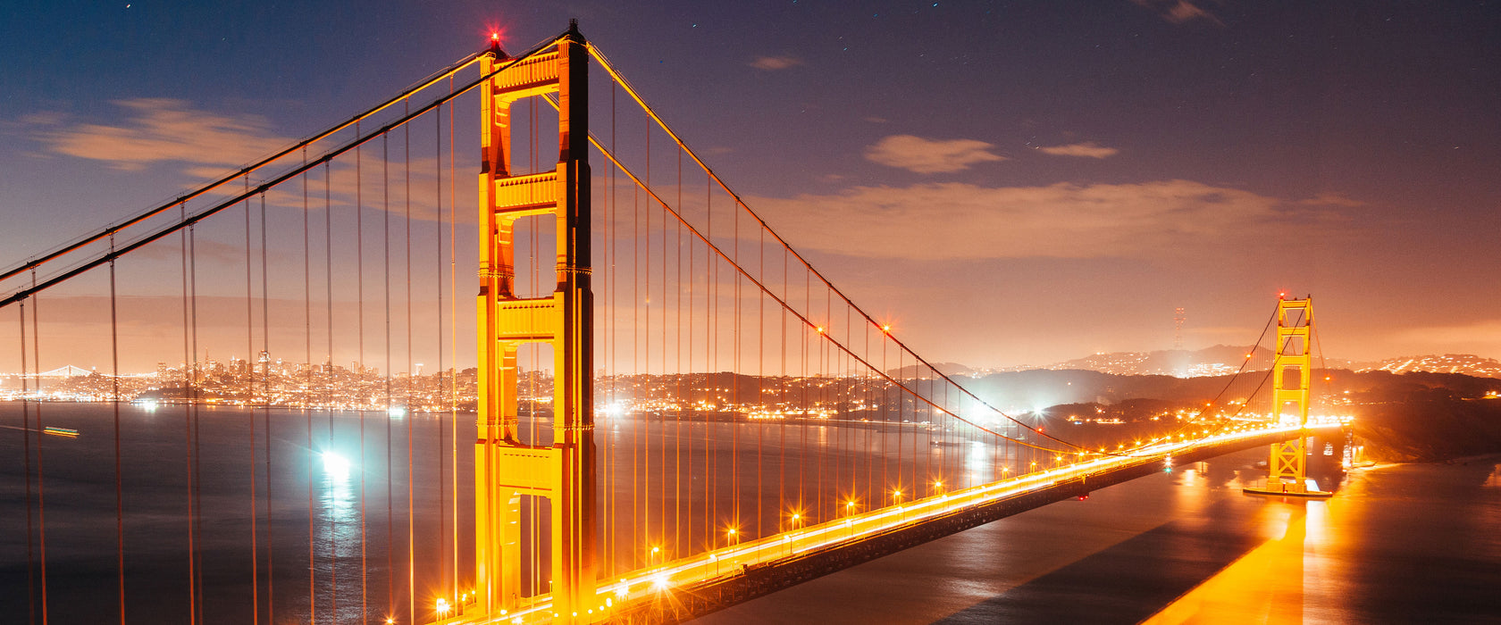 Golden Gate Bridge bei Nacht, Glasbild Panorama