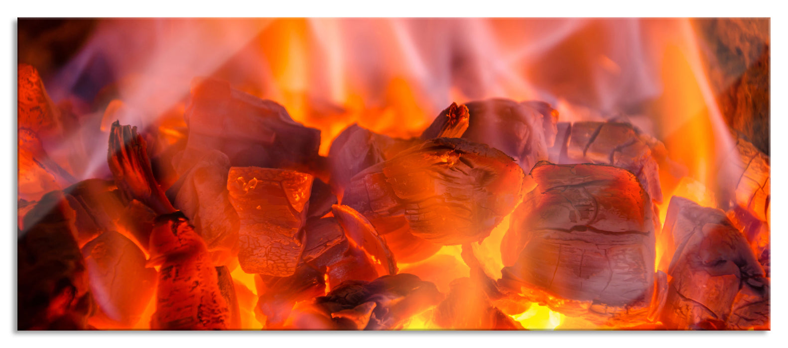 Pixxprint Holzkohle Feuer, Glasbild Panorama