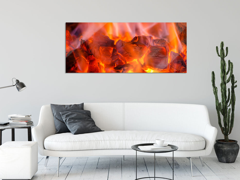 Holzkohle Feuer, Glasbild Panorama