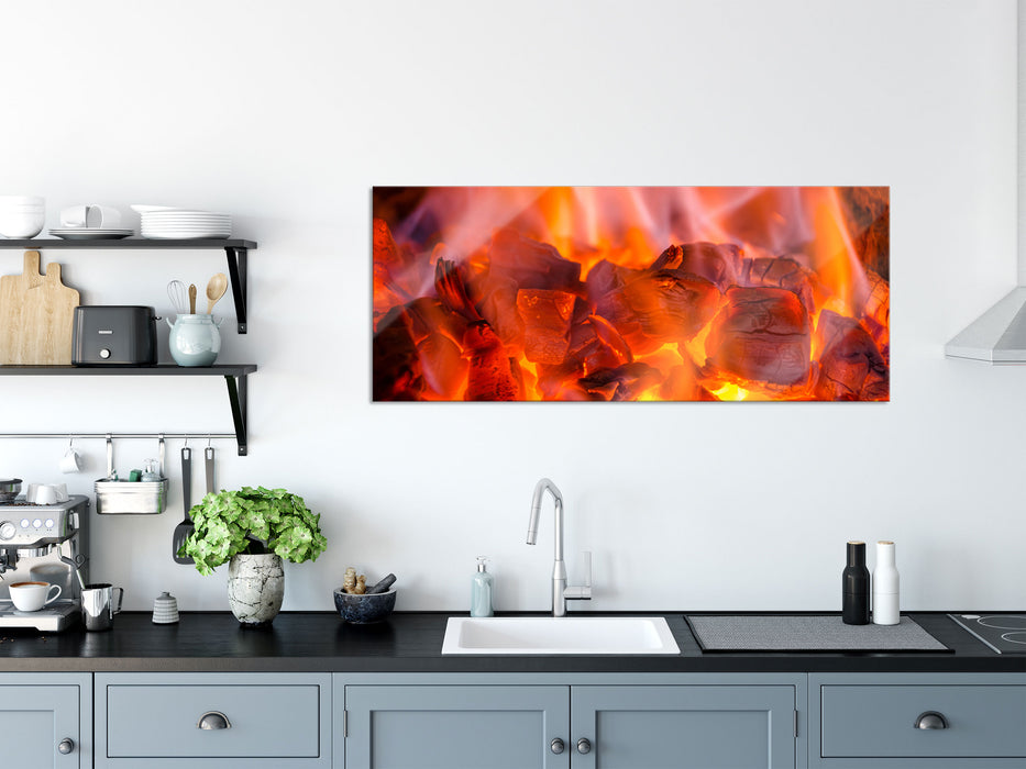 Holzkohle Feuer, Glasbild Panorama