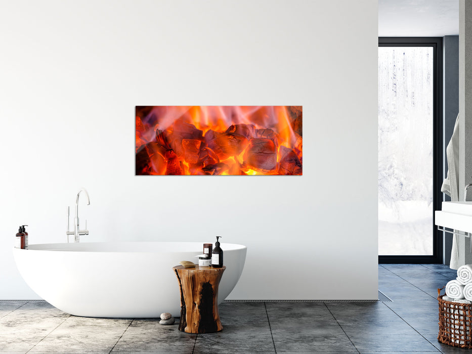 Holzkohle Feuer, Glasbild Panorama