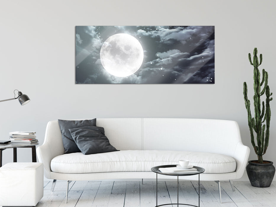 Vollmond Sterne Wolken, Glasbild Panorama