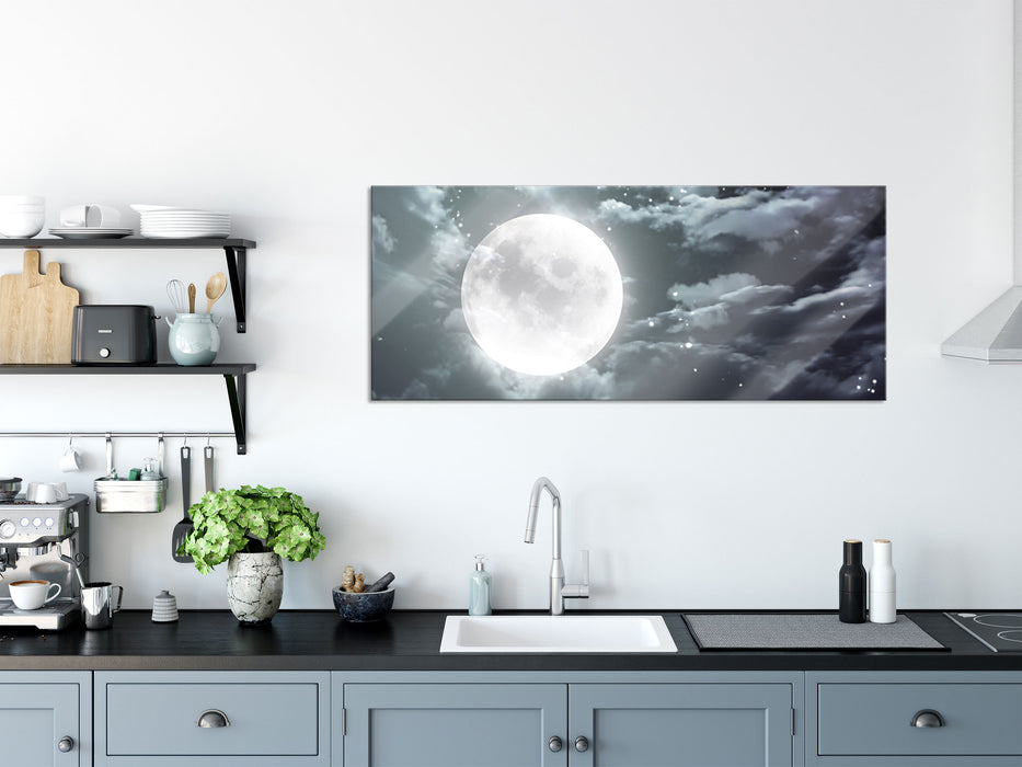 Vollmond Sterne Wolken, Glasbild Panorama