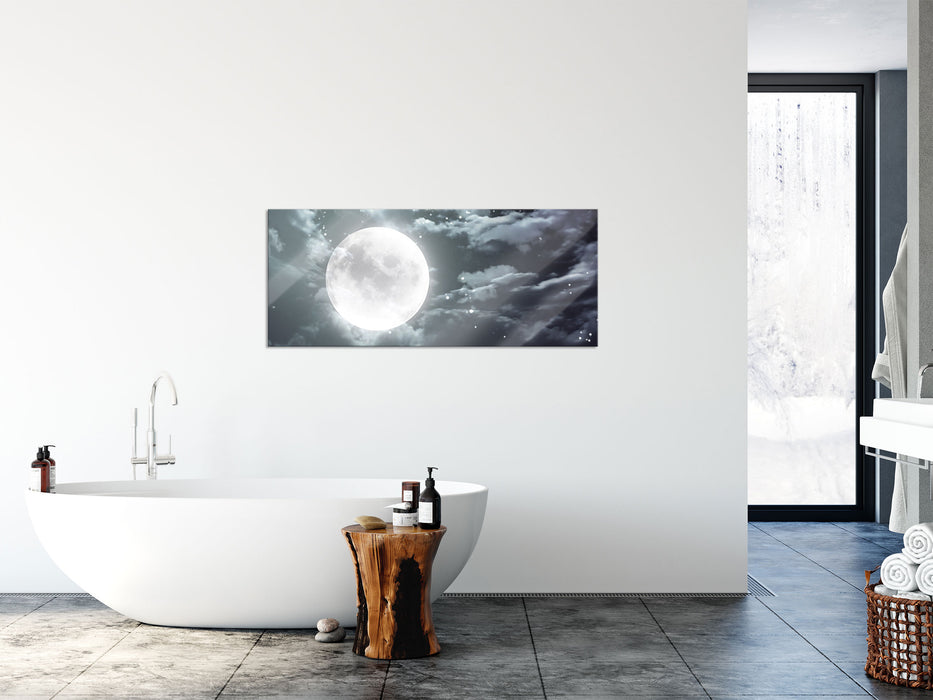 Vollmond Sterne Wolken, Glasbild Panorama