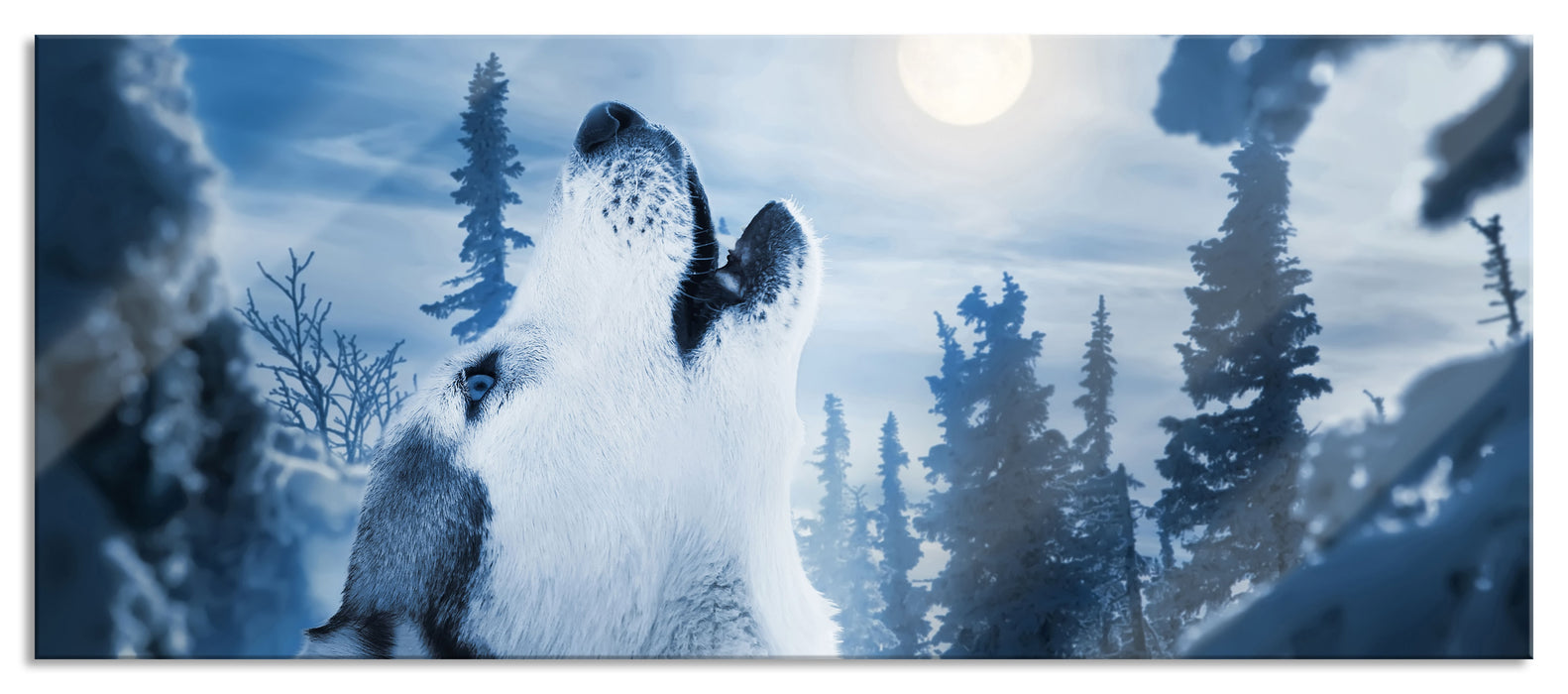 Pixxprint Wolf vor Mondlicht, Glasbild Panorama