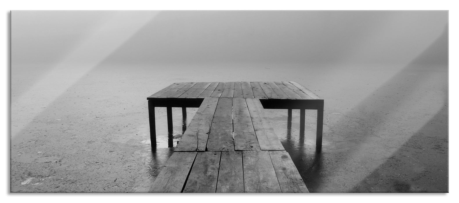 Pixxprint Steg am See Nebel, Glasbild Panorama