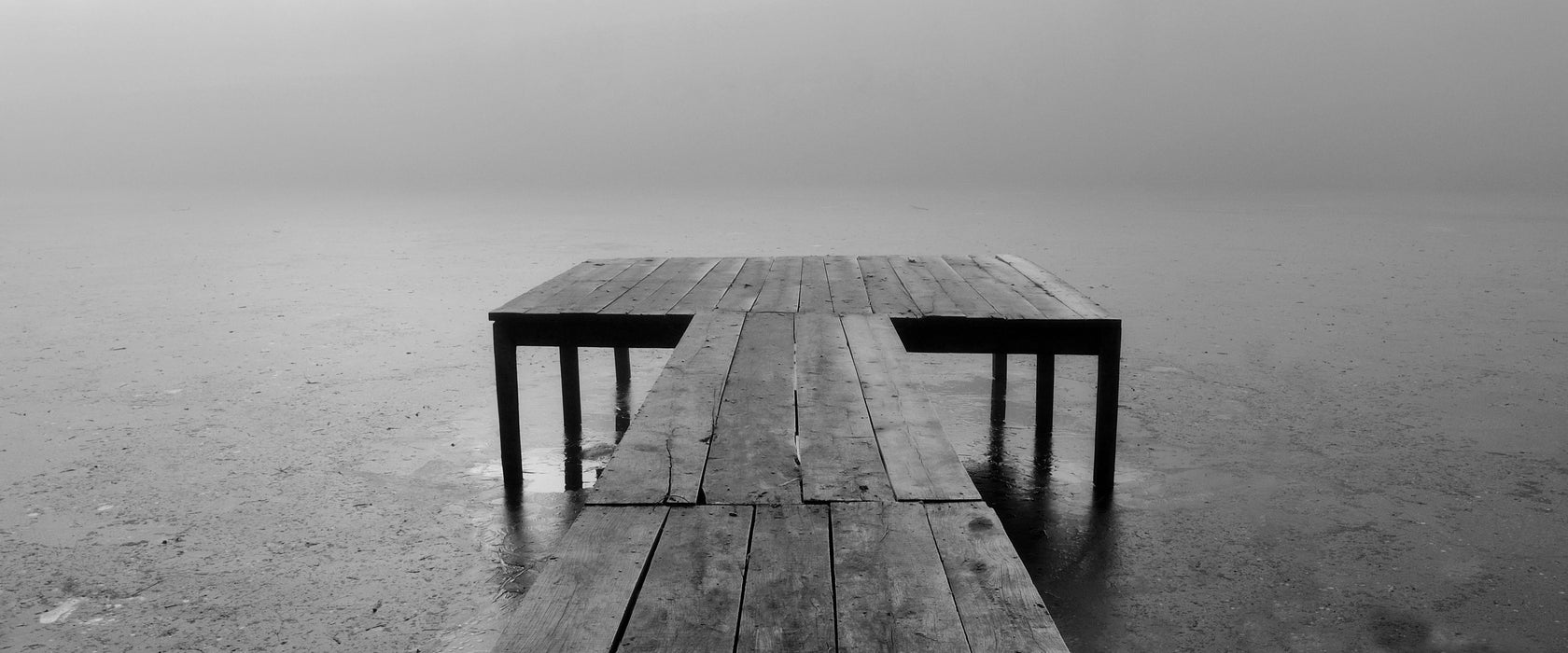 Steg am See Nebel, Glasbild Panorama