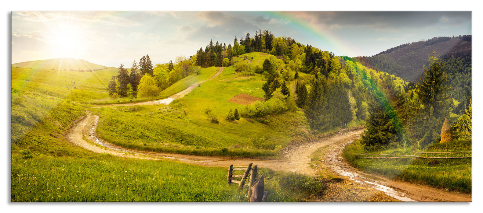 Pixxprint Landschaft mit Regenbogen, Glasbild Panorama