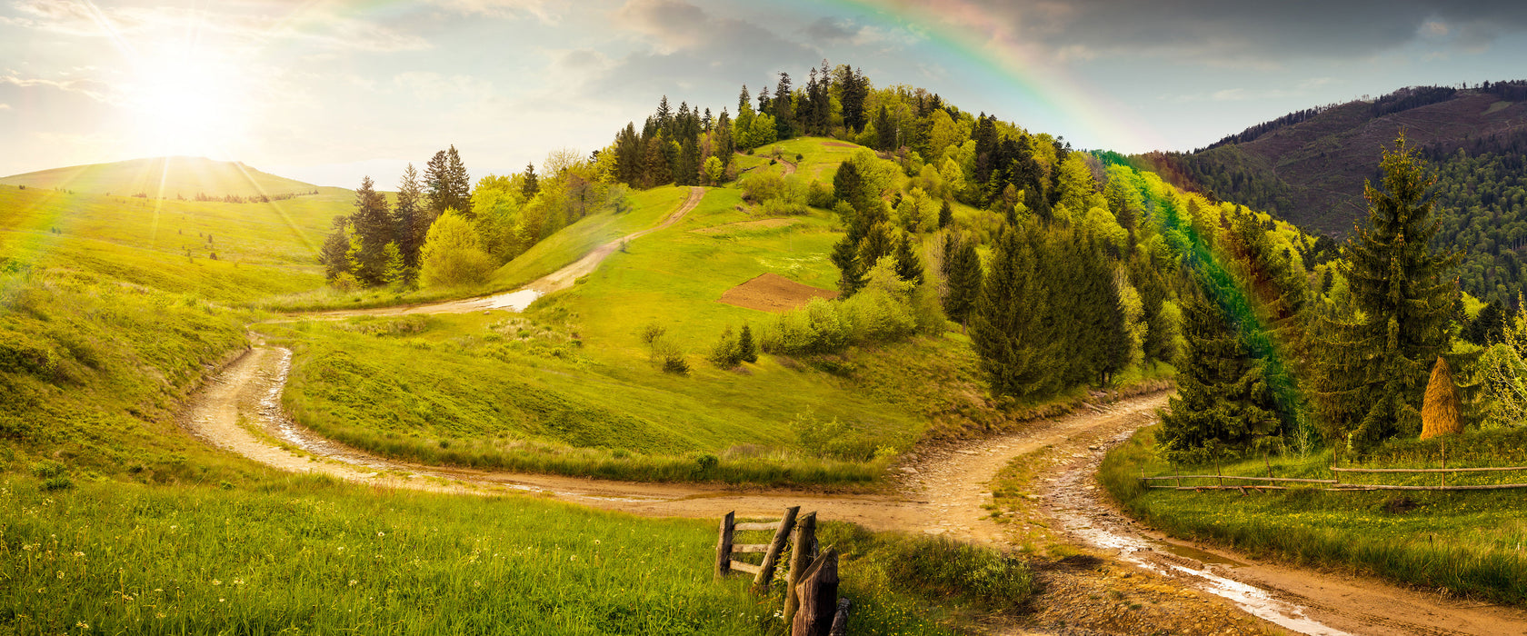 Landschaft mit Regenbogen, Glasbild Panorama