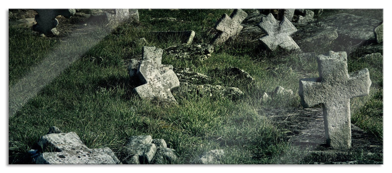 Pixxprint Friedhof schwarz weiß, Glasbild Panorama