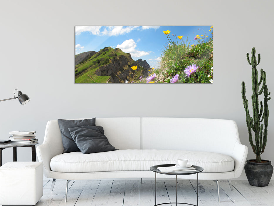 Blumenwiese im Frühling, Glasbild Panorama