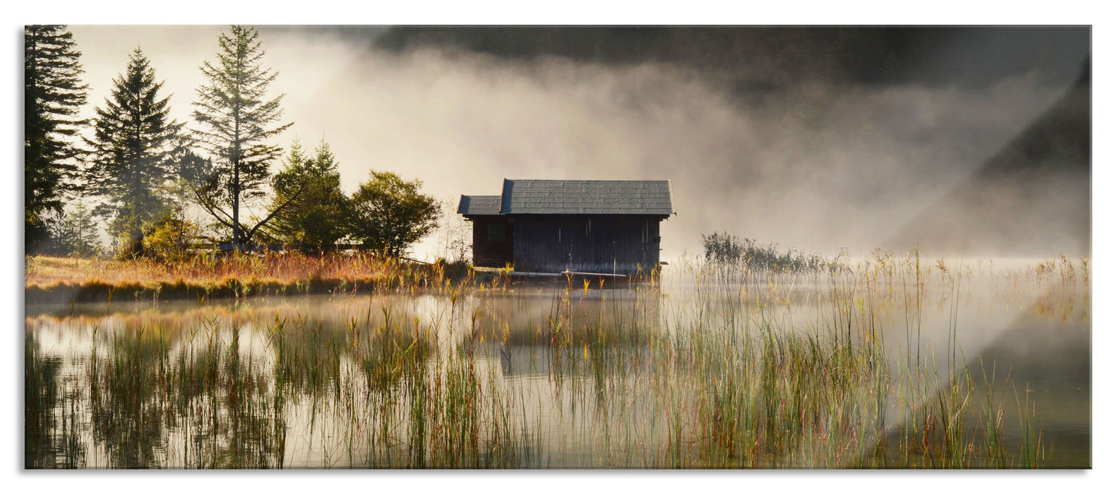 Pixxprint Idyllische Waldhäuschen, Glasbild Panorama