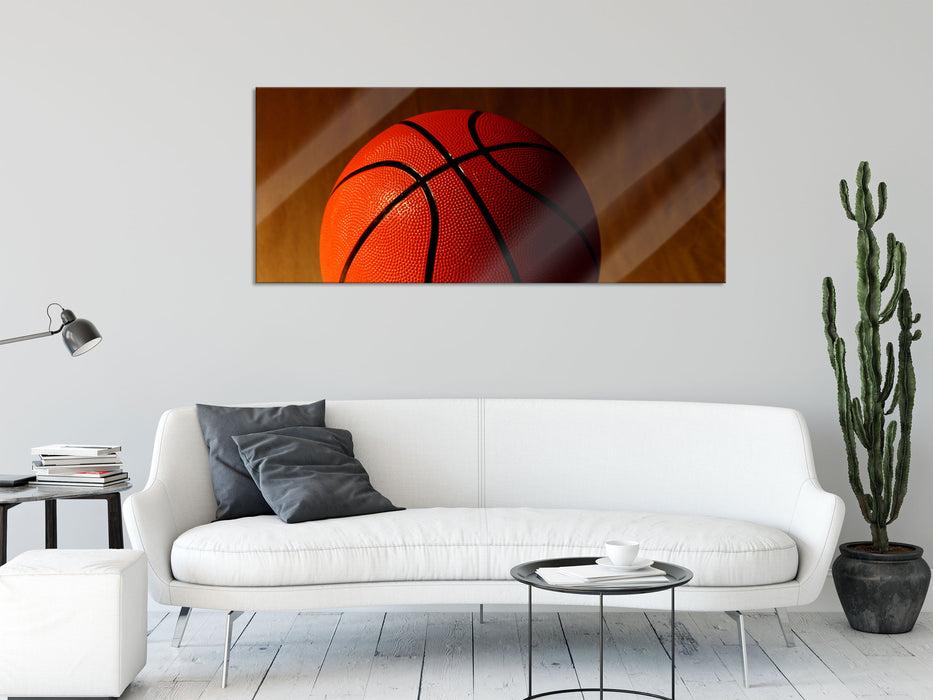 Basketball schwarzer Hintergrund, Glasbild Panorama