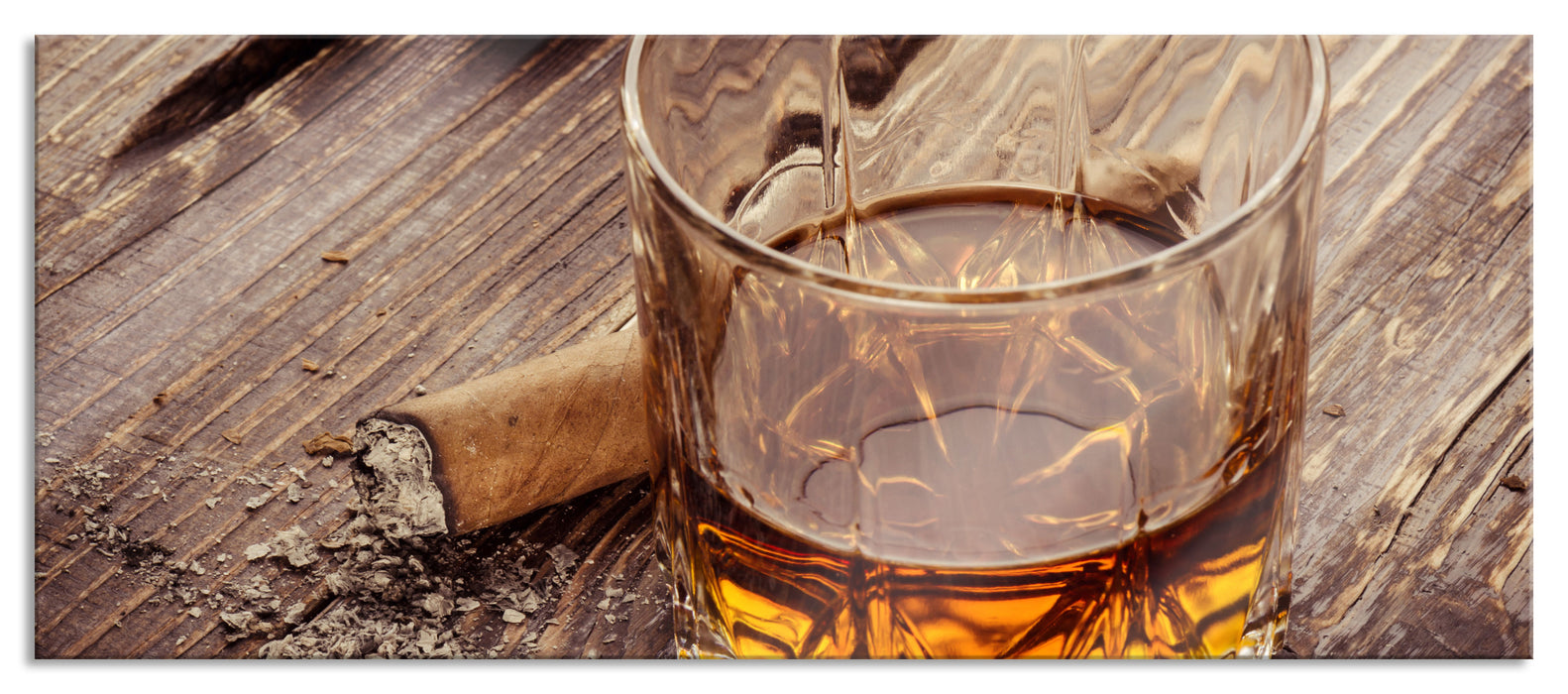 Whisky mit Zigarre, Glasbild Panorama