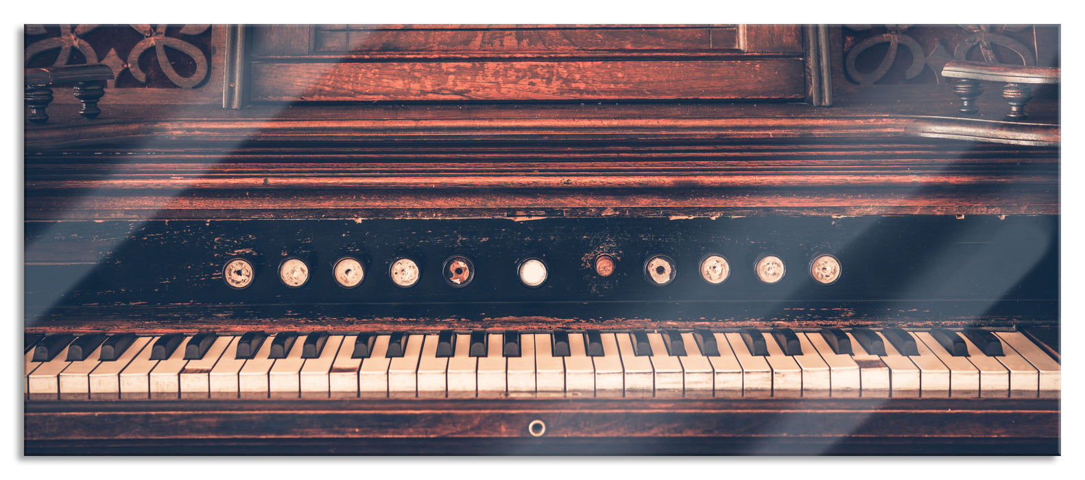 Pixxprint altes Klavier schwarz-Weiß, Glasbild Panorama