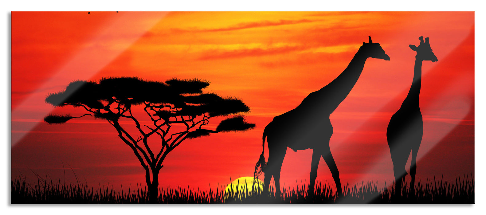 Pixxprint Afrika Giraffen im Sonnenuntergang, Glasbild Panorama