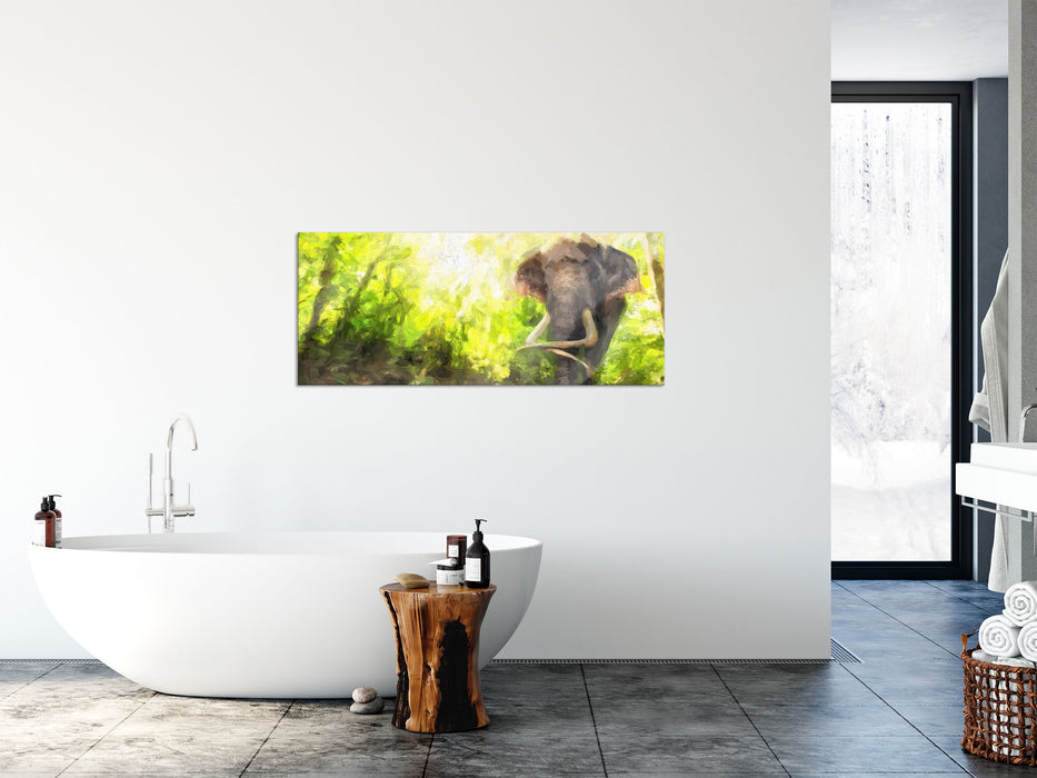 riesiger Elefant am Bach, Glasbild Panorama