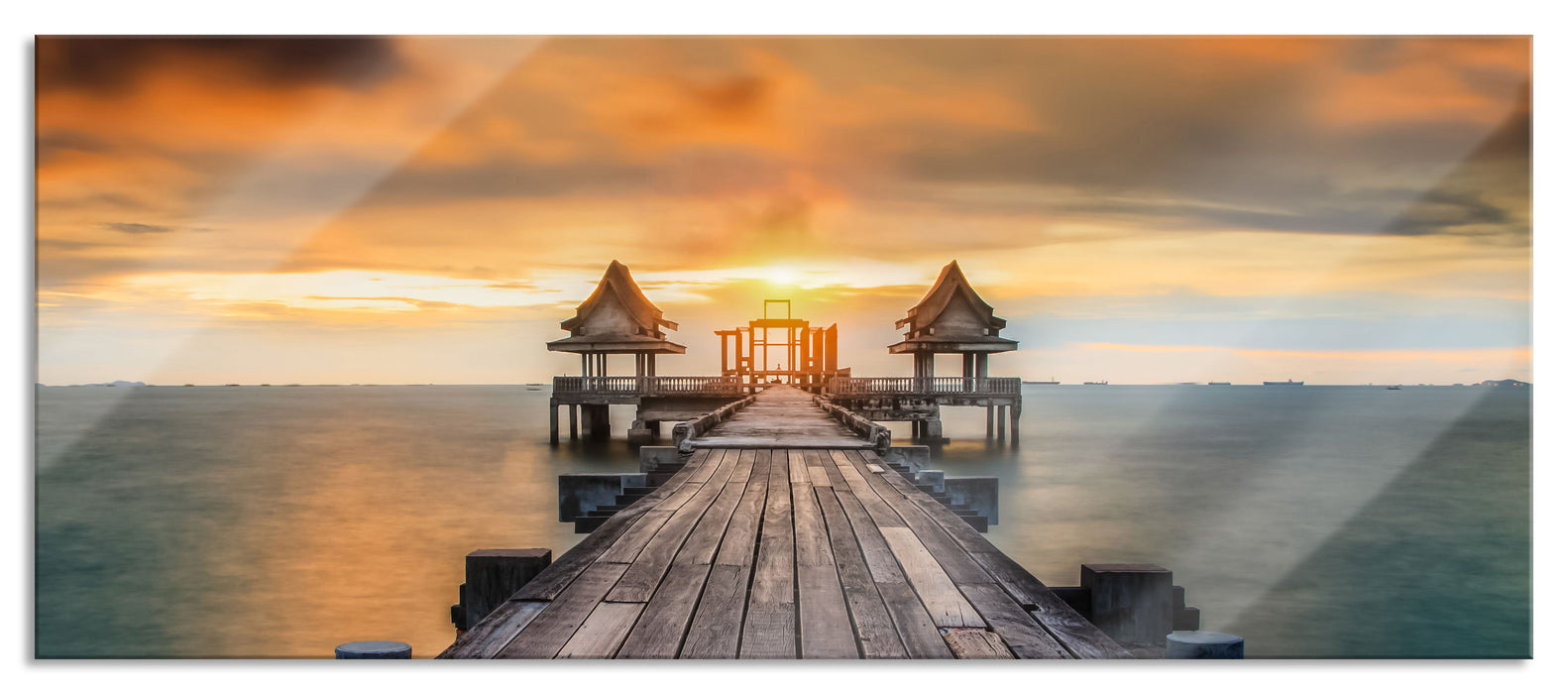 Pixxprint Bootssteg im Sonnenuntergang, Glasbild Panorama