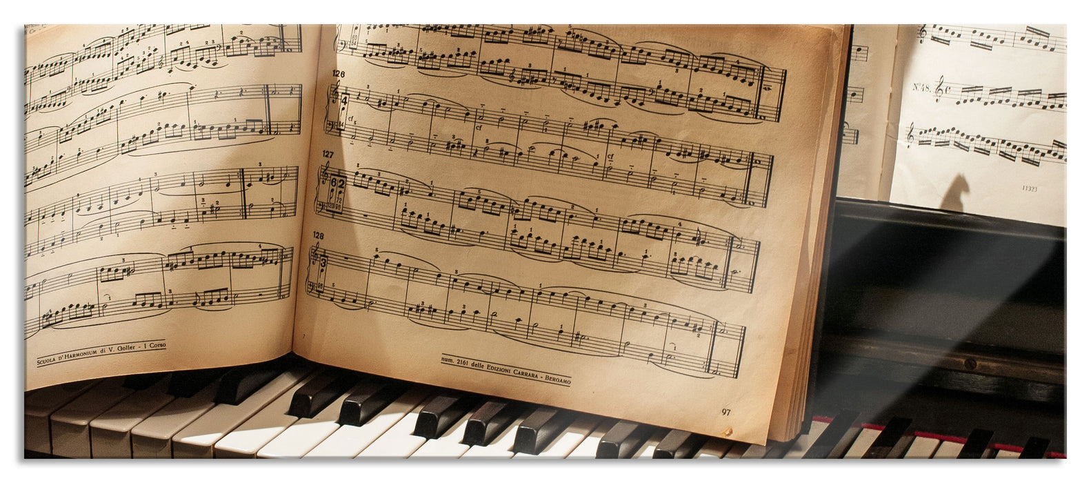 Pixxprint Klavier Noten Piano, Glasbild Panorama