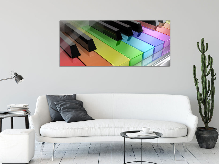 Piano Regenbogen Klaviertasten, Glasbild Panorama