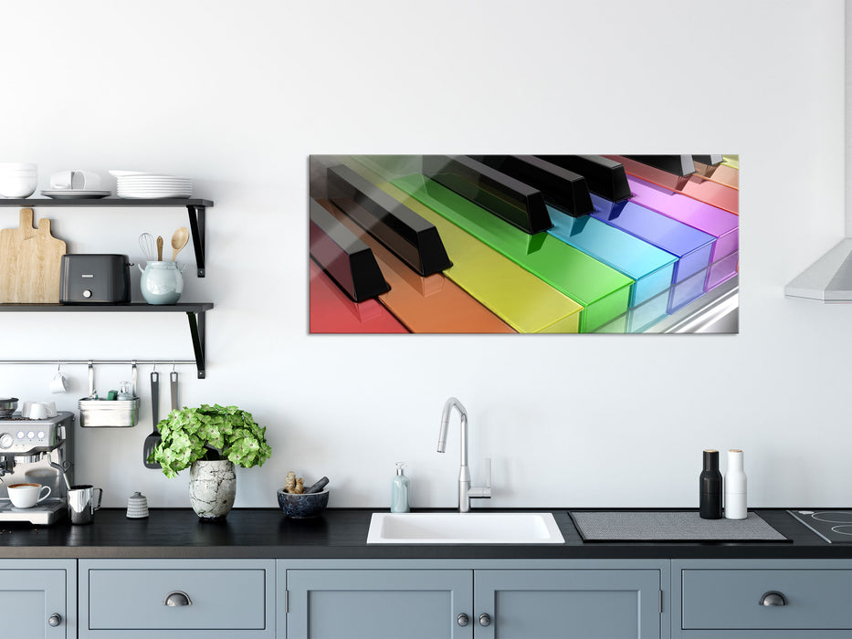 Piano Regenbogen Klaviertasten, Glasbild Panorama