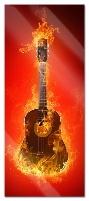Pixxprint Brennende Gitarre Heiße Flammen, Glasbild Panorama