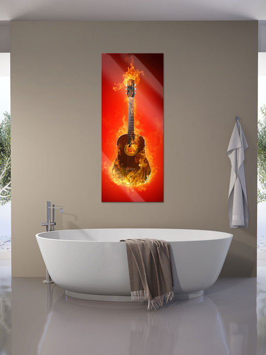 Brennende Gitarre Heiße Flammen, Glasbild Panorama