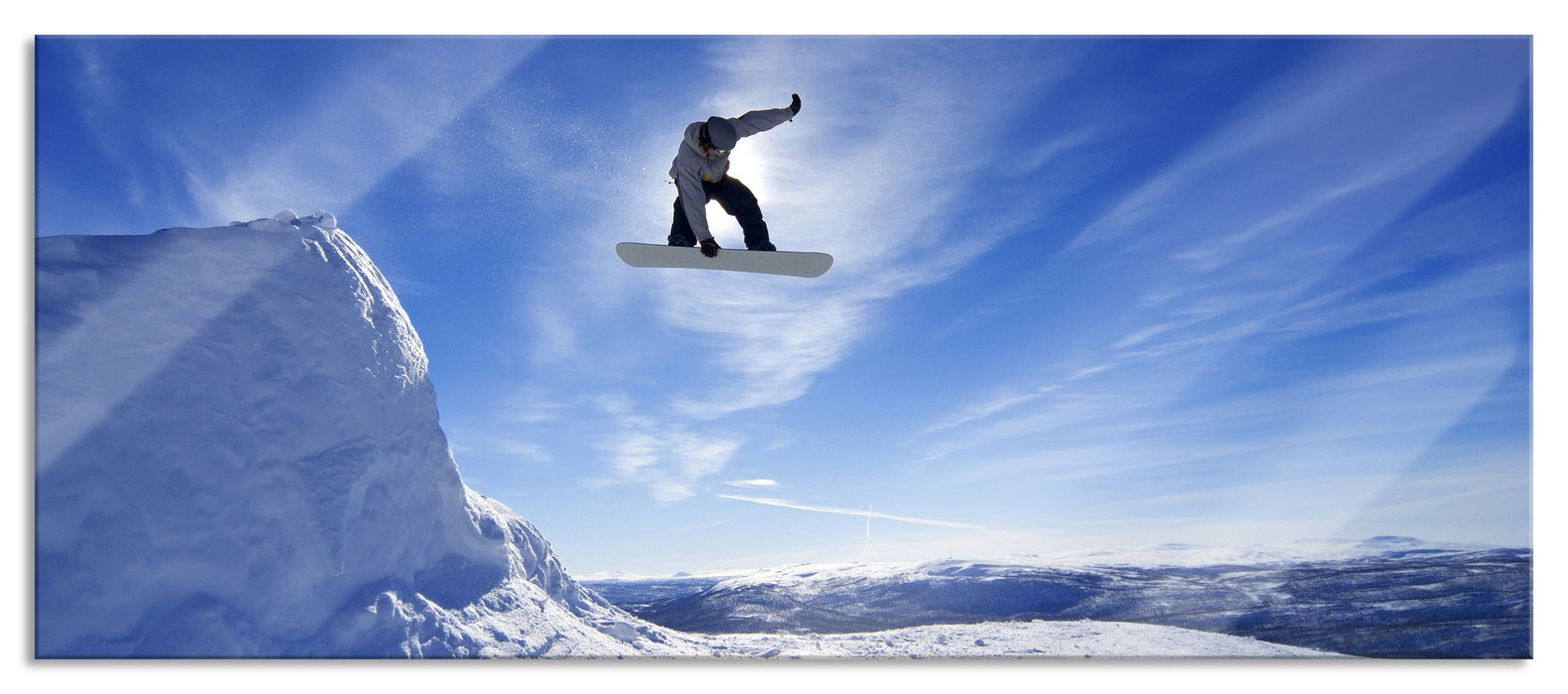 Pixxprint Snowboard Sprung Extremsport, Glasbild Panorama