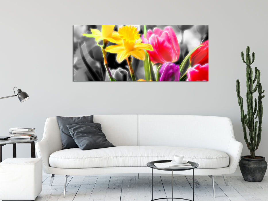 Narzissen und Tulpen, Glasbild Panorama