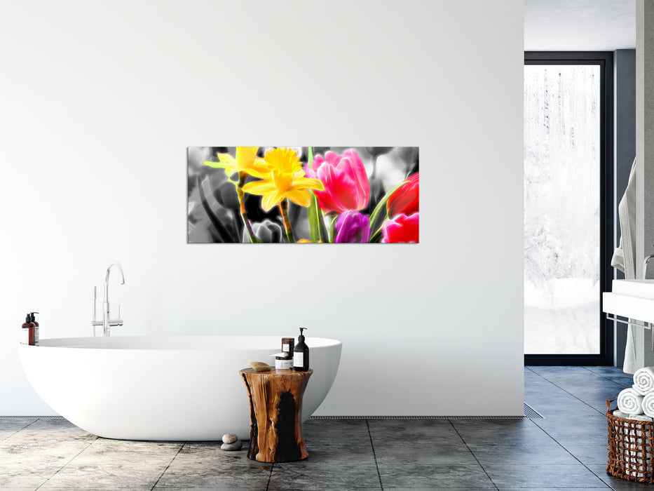 Narzissen und Tulpen, Glasbild Panorama