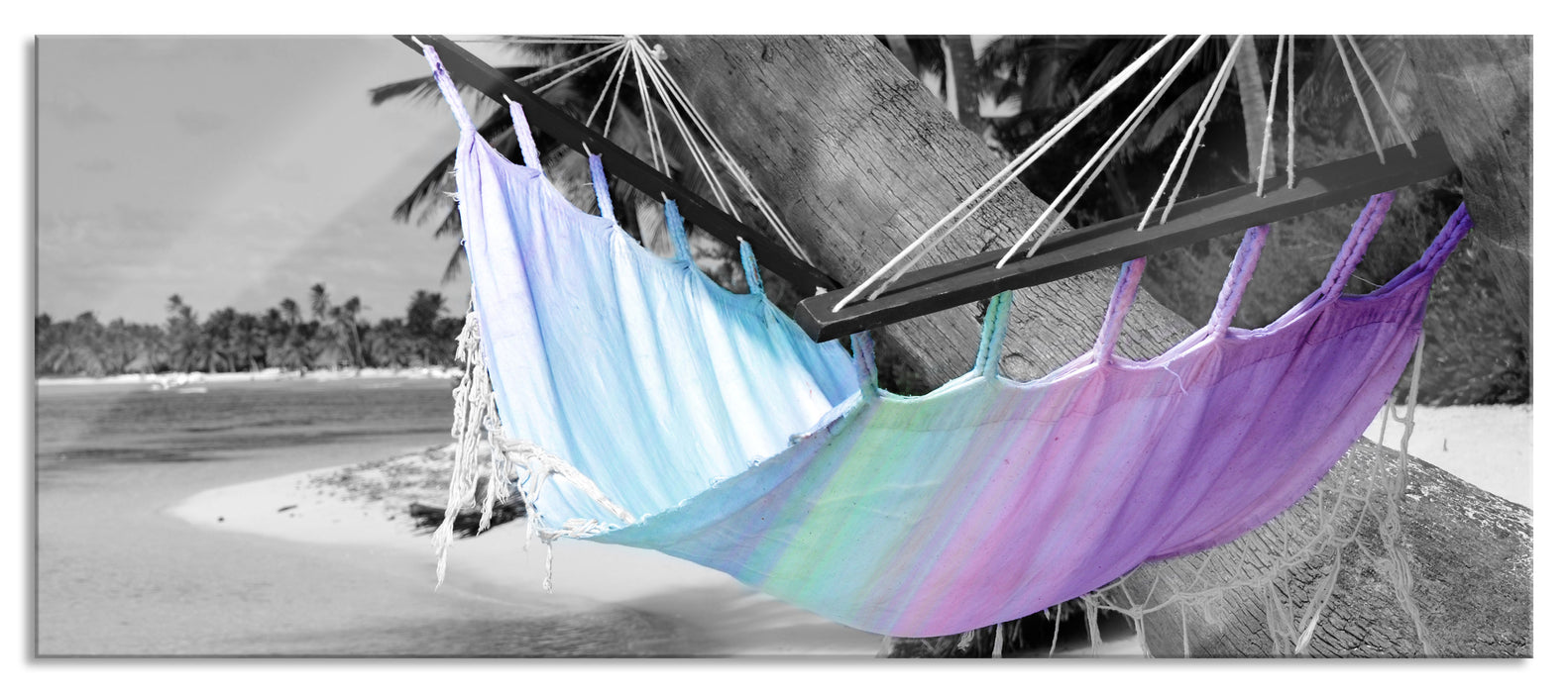 Pixxprint traumhafte Hängematte am Strand, Glasbild Panorama
