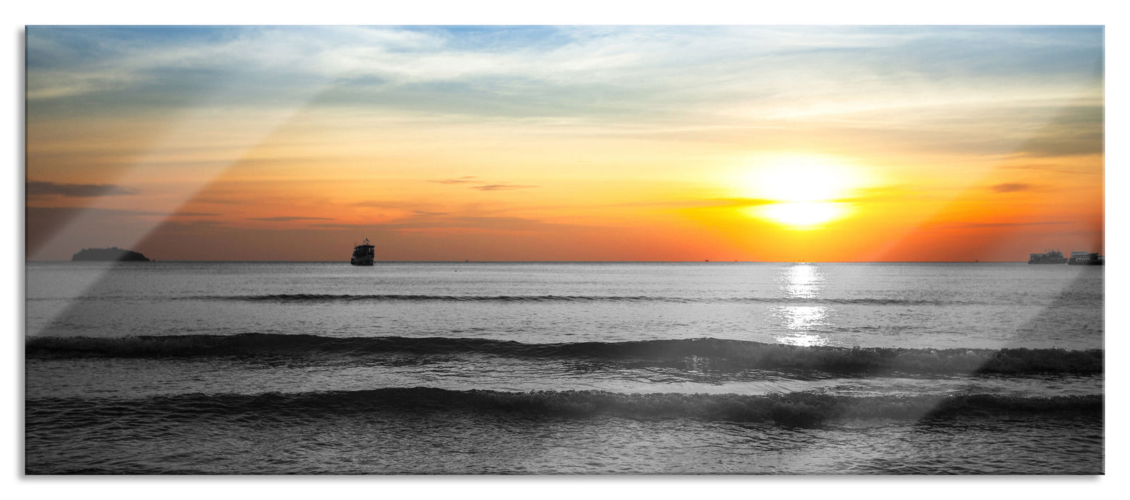 Malibu Beach Sunrise Water Sand, Glasbild Panorama