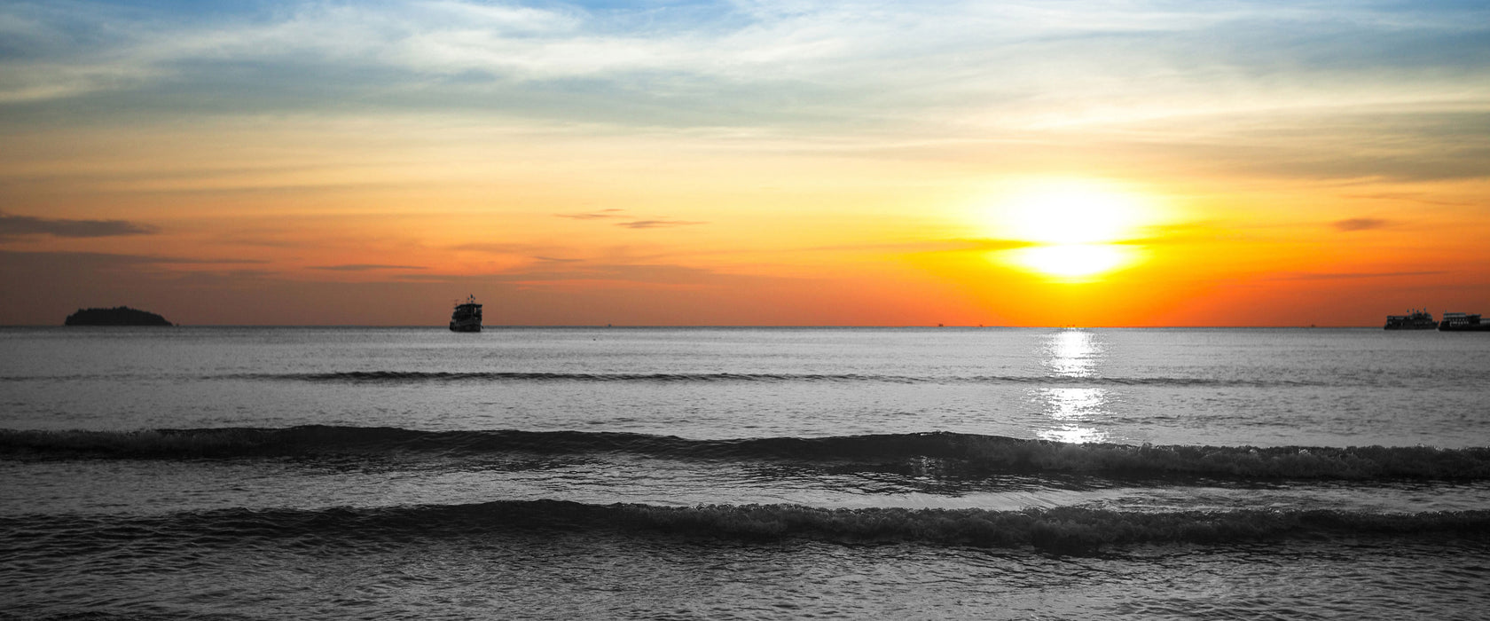 Malibu Beach Sunrise Water Sand, Glasbild Panorama