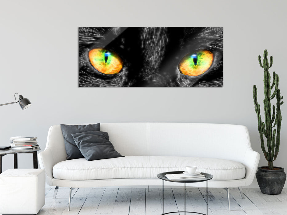 schwarze Katze mit magischen Augen, Glasbild Panorama