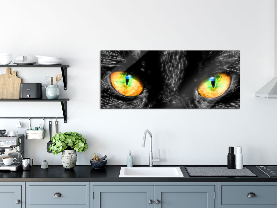 schwarze Katze mit magischen Augen, Glasbild Panorama