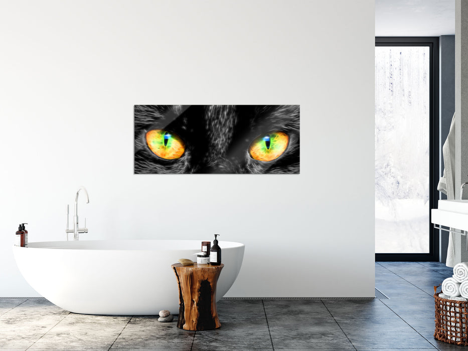 schwarze Katze mit magischen Augen, Glasbild Panorama