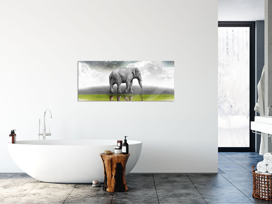 Traumhafter Elefant auf Wiese, Glasbild Panorama