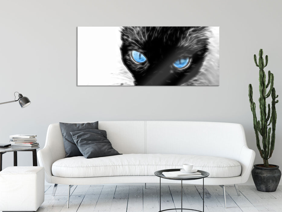 Blaue Augen schwarze Katze new Art, Glasbild Panorama