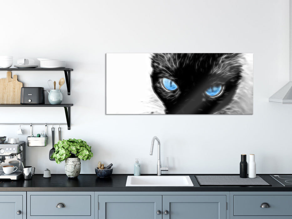 Blaue Augen schwarze Katze new Art, Glasbild Panorama