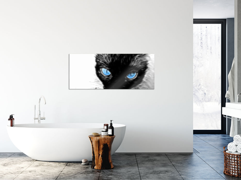 Blaue Augen schwarze Katze new Art, Glasbild Panorama