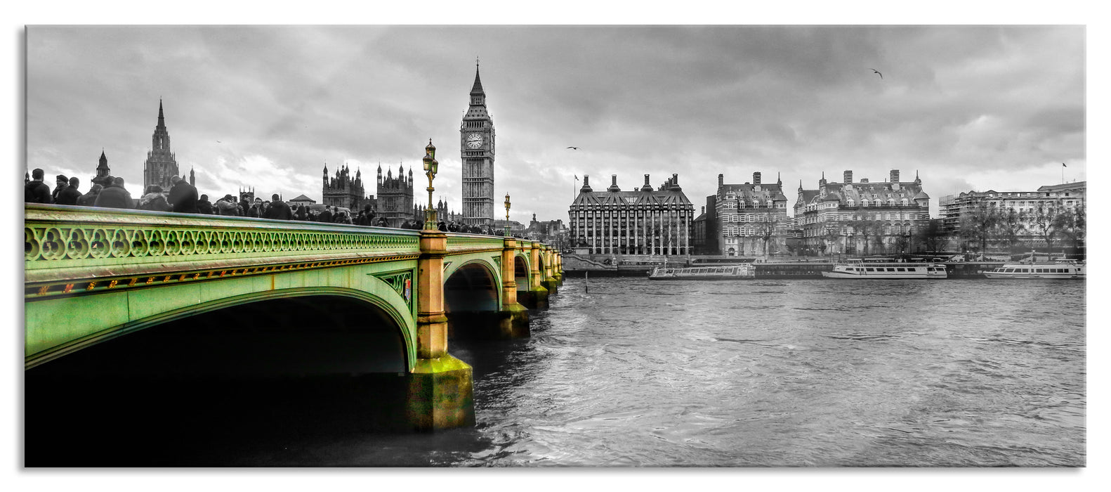 London mit Themse und Big Ben, Glasbild Panorama